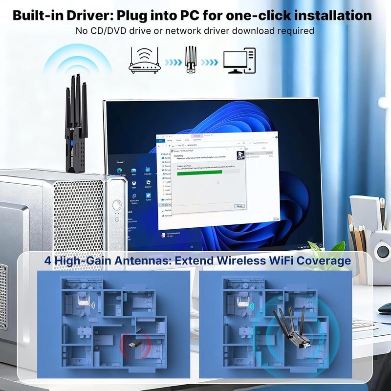 SBFFNOW محول واي فاي USB للكمبيوتر | دونجل واي فاي بسرعة قصوى 1800 ميجابت في الثانية، 4 هوائيات عالية الكسب | استقبال إشارة طويلة المدى | محول واي فاي USB 6 لاسلكي لأجهزة الكمبيوتر المكتبية والمحمولة | اتصال بطاقة شبكة مزدوجة - Image 4